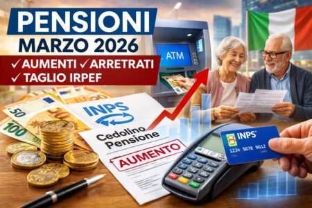 Pensioni marzo 2026: aumenti, arretrati e taglio IRPEF nel cedolino (ma non per tutti) Pensioni marzo 2026 con logo INPS, bancomat ATM, coppia di pensionati e cedolino con aumenti, arretrati e taglio IRPEF.