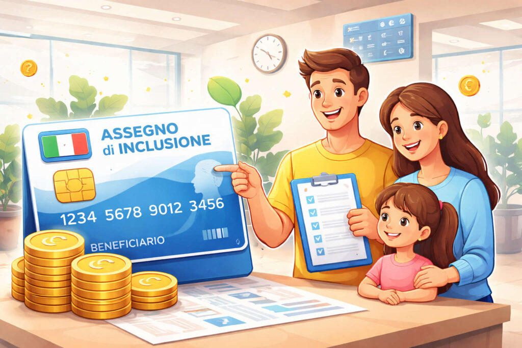 Famiglia con carta Assegno di Inclusione in primo piano e simboli di pagamento INPS, rappresentazione del rinnovo ADI 2026