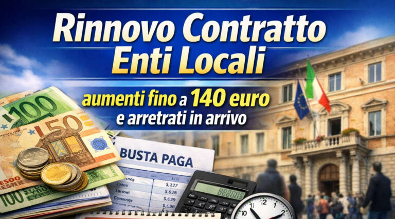 Rinnovo Contratto Enti Locali 2022-2024 con aumento fino a 140 euro in busta paga e arretrati, euro, cedolino stipendio e municipio sullo sfondo