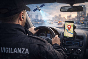 Geolocalizzazione lavoratori: nuovi chiarimenti INL sull’accordo sindacale Guardia giurata alla guida con smartphone GPS sul cruscotto per geolocalizzazione del servizio
