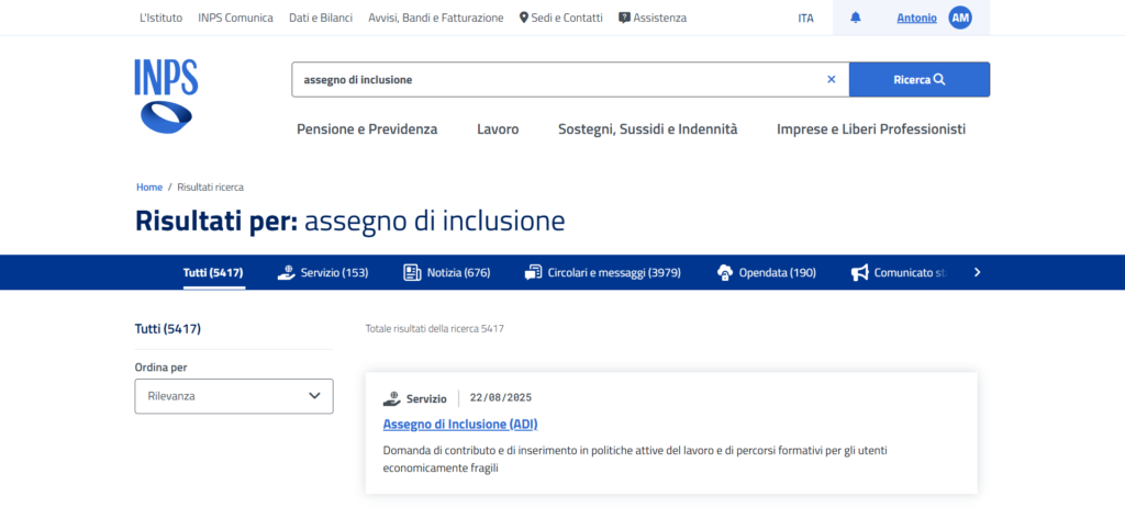 Cerca “assegno di inclusione” nella barra di ricerca e clicca sul risultato relativo al servizio ADI.