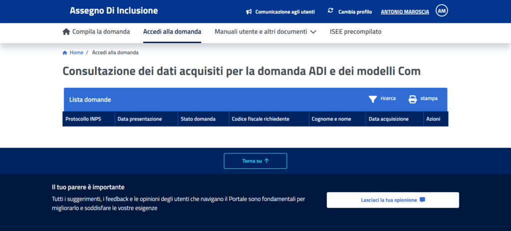 Consultazione dei dati acquisiti per la domanda ADI