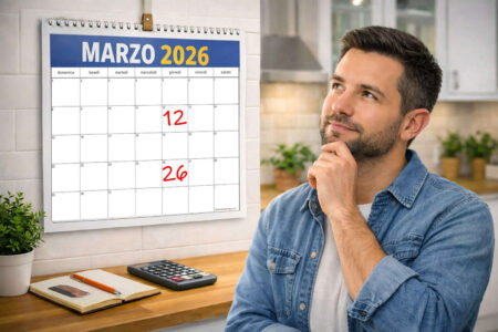 Calendario marzo 2026 con 12 e 26 evidenziati e donna che osserva, rappresentazione delle date di pagamento ADI e ricalcoli ISEE