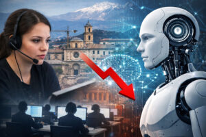 Call center a L’Aquila con operatrice e robot AI, rappresentazione del lavoro sostituito dall’intelligenza artificiale