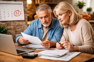 coppia adulta controlla documenti pensione con calendario evidenziato 31 marzo scadenza ape sociale