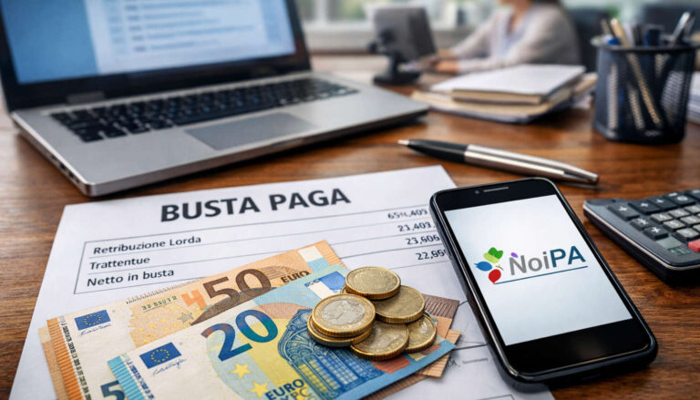 busta paga dipendenti pubblici con smartphone NoiPA e euro su scrivania ufficio