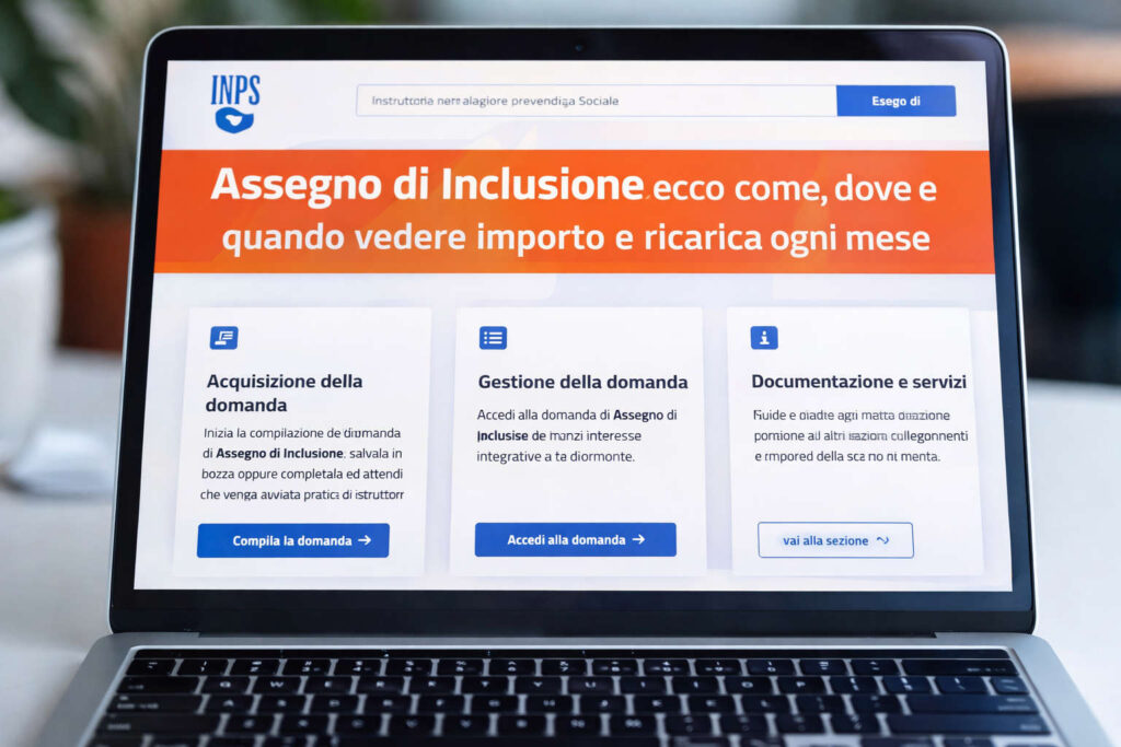 Assegno di Inclusione ecco come, dove e quando vedere importo e ricarica ogni mese Accesso area assegno di inclusione INPS da computer con schermata domanda ADI