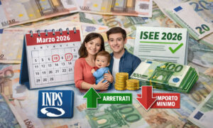 Assegno unico marzo 2026 con calendario dei pagamenti, ISEE aggiornato e banconote euro sullo sfondo