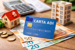 Carta ADI su banconote euro con modellini di casa e condominio, immagine sul bonifico con carta ADI per affitto e mutuo