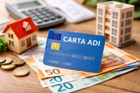 Carta ADI su banconote euro con modellini di casa e condominio, immagine sul bonifico con carta ADI per affitto e mutuo