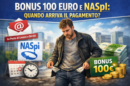 Disoccupato con tasche vuote e simboli NASpI e bonus 100 euro nella rubrica La Posta di Lavoro e Diritti