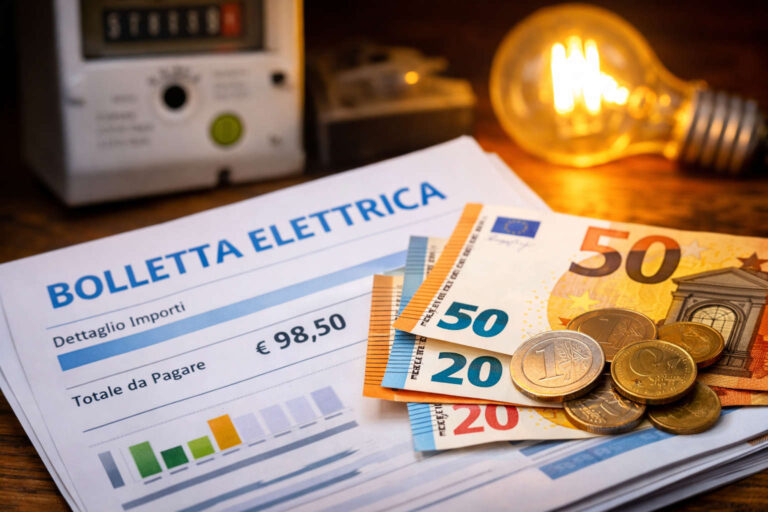 bolletta elettrica con banconote euro e monete concetto bonus bollette 115 euro ARERA