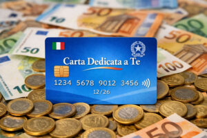 Carta Dedicata a Te 2026, no alla ricarica extra benzina ma 500 euro confermati Carta dedicata a te 2026 con sfondo di banconote e monete euro