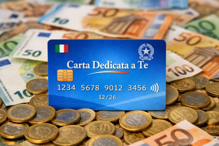 Carta Dedicata a Te 2026, no alla ricarica extra benzina ma 500 euro confermati Carta dedicata a te 2026 con sfondo di banconote e monete euro