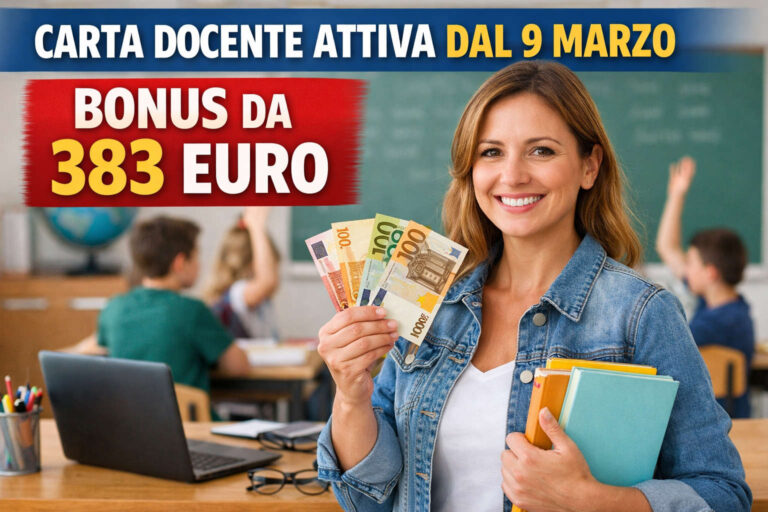 Docente in classe con libri e banconote euro per il bonus della carta docente 2025/2026 da 383 euro