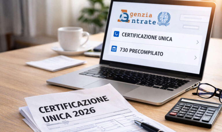 Certificazione Unica 2026 su scrivania con laptop aperto sul sito Agenzia delle Entrate e modello 730