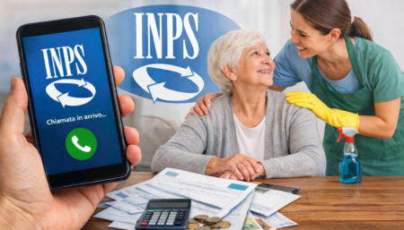 Contributi colf e badanti, telefonata INPS ai datori di lavoro domestico con smartphone e documenti di pagamento