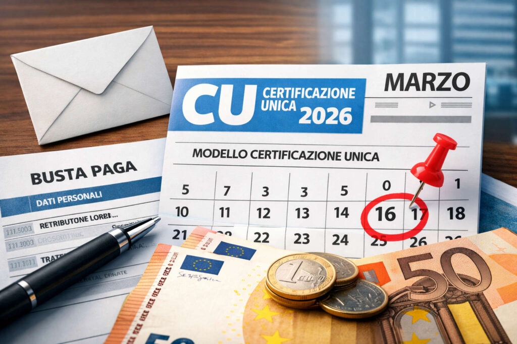 Certificazione Unica 2026 per dipendenti con busta paga, calendario di marzo e banconote euro