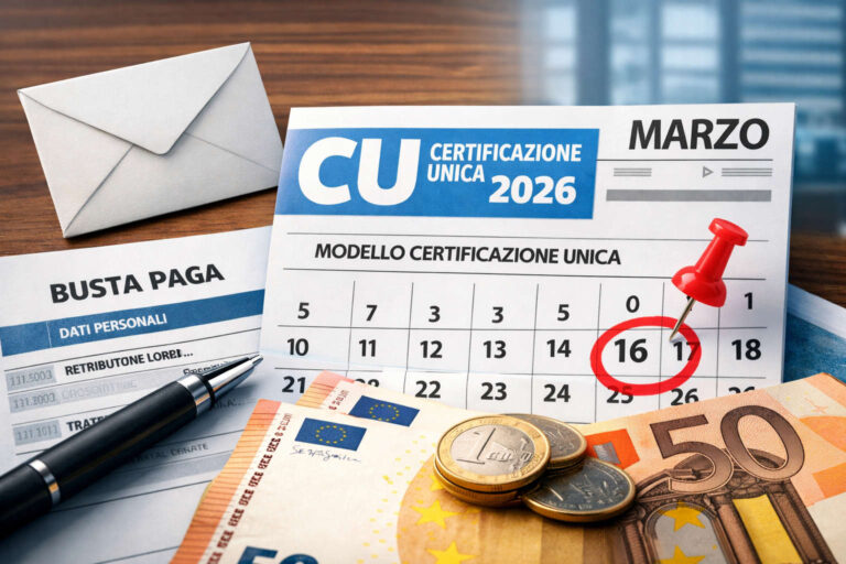 Certificazione Unica 2026 per dipendenti con busta paga, calendario di marzo e banconote euro