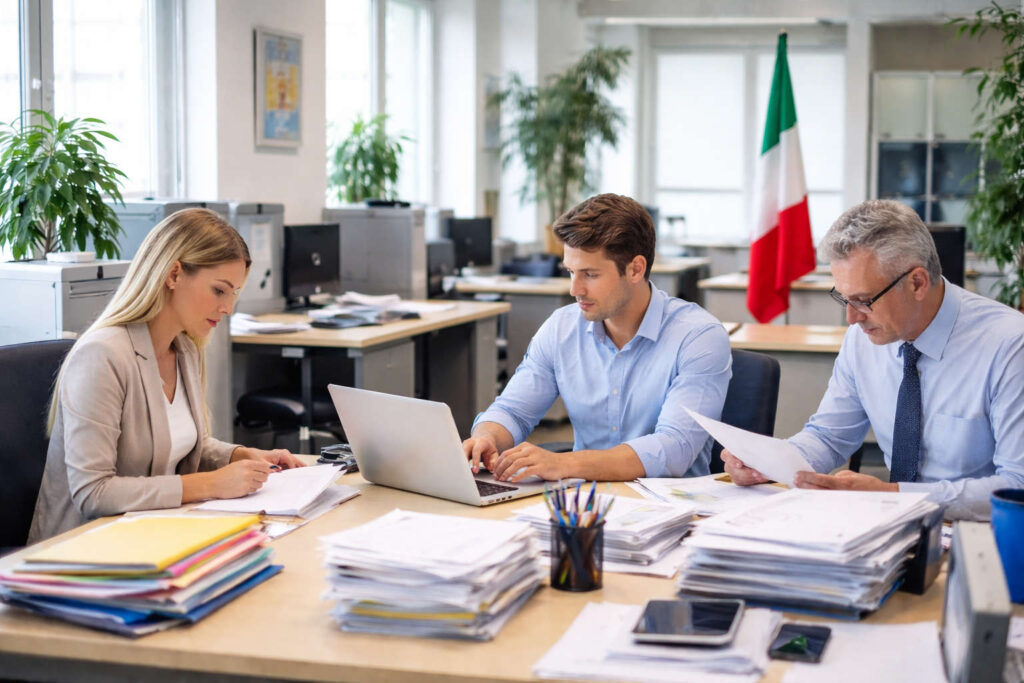 Dipendenti pubblici al lavoro in un ufficio della pubblica amministrazione italiana con documenti, computer e bandiera italiana sullo sfondo.