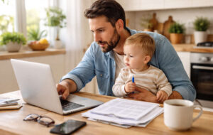 Papà lavoratori, ecco tutti i diritti previsti dalla legge nel 2026 Papà lavoratore con bambino mentre lavora al computer da casa
