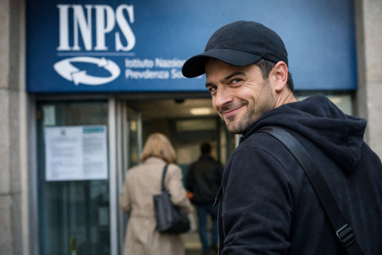 Uomo si allontana dall’ufficio INPS con espressione sospetta dopo richiesta Reddito di cittadinanza