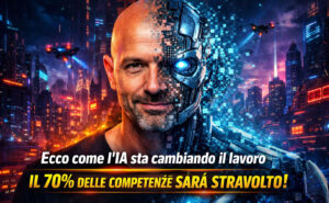 Marco Montemagno con il volto che si trasforma pixel dopo pixel in un robot, in uno scenario cyberpunk che rappresenta l’impatto dell’intelligenza artificiale sul lavoro.