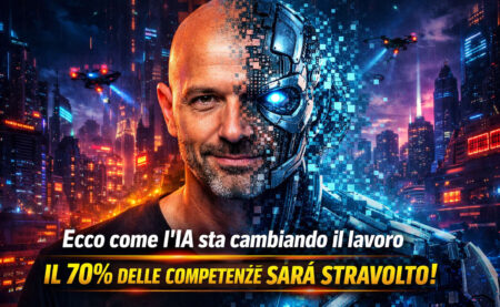 Marco Montemagno con il volto che si trasforma pixel dopo pixel in un robot, in uno scenario cyberpunk che rappresenta l’impatto dell’intelligenza artificiale sul lavoro.