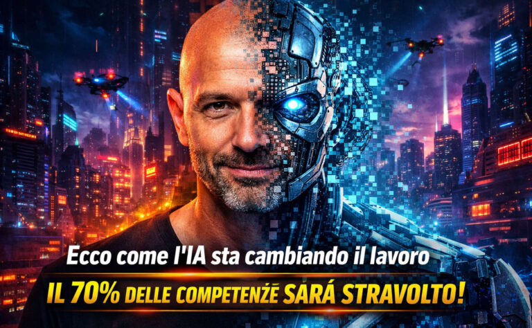 Ecco come l’IA sta cambiando il lavoro: il 70% delle competenze sarà stravolto Marco Montemagno con il volto che si trasforma pixel dopo pixel in un robot, in uno scenario cyberpunk che rappresenta l’impatto dell’intelligenza artificiale sul lavoro.