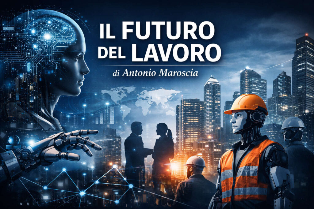Copertina della rubrica “Il Futuro del Lavoro” con figura umana digitale, robot industriale e skyline futuristico a simboleggiare l’impatto dell’intelligenza artificiale sul lavoro.