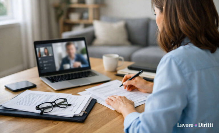 Lavoratrice in smart working durante una videochiamata mentre consulta documenti a casa, caso di infortunio sul lavoro riconosciuto dal Tribunale di Padova.