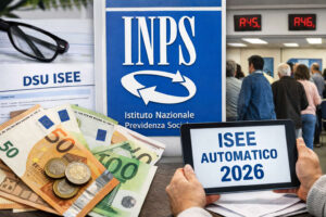 famiglia che usa il computer per richiedere bonus con ISEE automatico nel 2026