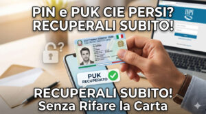 Hai smarrito PIN e PUK della Carta d’Identità? Non serve rifarla: ecco l’unico modo per recuperarli Una mano tiene la Carta d'Identità Elettronica sopra uno smartphone con l'app CieID aperta e la conferma del recupero del PUK.