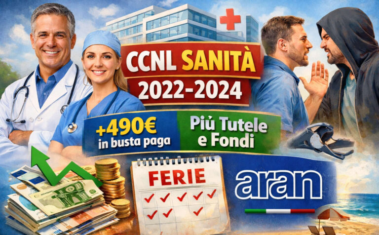 Dirigenti medici e sanitari davanti a ospedale con grafica su CCNL Sanità 2022-2024, aumenti in busta paga e nuove tutele ARAN.