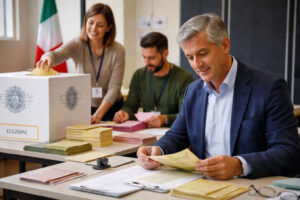 Presidente di seggio e scrutatori durante le operazioni di voto in un seggio elettorale italiano per il referendum