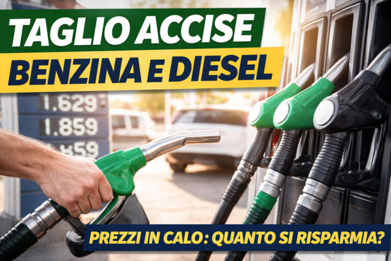 Pompa di benzina con pistole verdi e nere durante il rifornimento, simbolo del taglio accise su benzina e diesel e del calo dei prezzi carburanti nel 2026