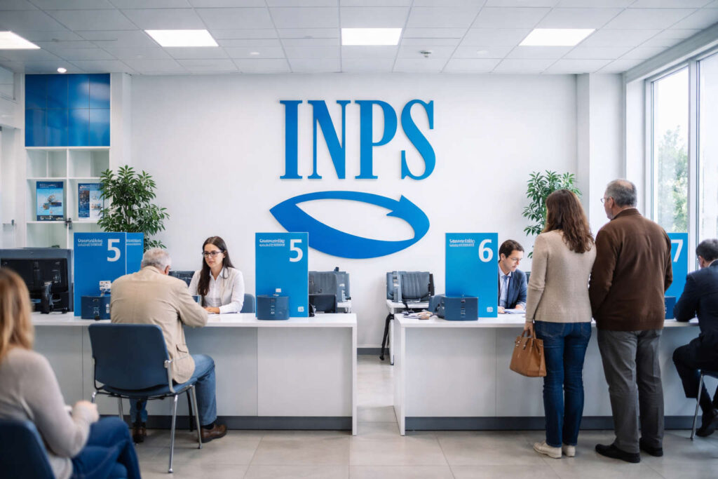 Interno ufficio INPS con operatori agli sportelli e cittadini in attesa per pratiche e informazioni su assegni familiari e pensioni