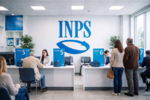 Interno ufficio INPS con operatori agli sportelli e cittadini in attesa per pratiche e informazioni su assegni familiari e pensioni