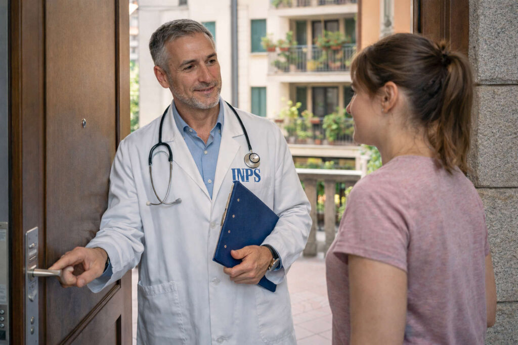 Medico fiscale con logo INPS sul camice durante una visita di controllo per malattia presso l’abitazione di una lavoratrice.