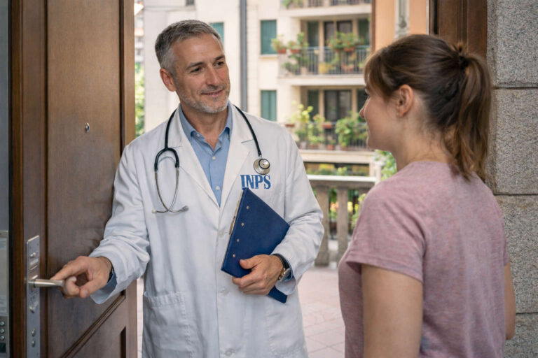 Medico fiscale con logo INPS sul camice durante una visita di controllo per malattia presso l’abitazione di una lavoratrice.