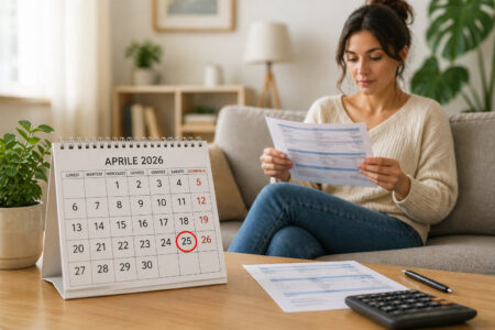 Calendario aprile 2026 con 25 aprile cerchiato e donna che controlla la busta paga sul divano