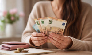 Donna con banconote euro in mano simbolo del contributo INPS da 530 euro per il Reddito di Libertà 2026