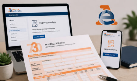 Modello 730 precompilato 2026 su scrivania con computer e smartphone Agenzia delle Entrate