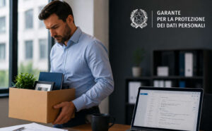 Ex dipendente in ufficio con scatola mentre lascia il lavoro, laptop con email aziendale aperta sullo sfondo