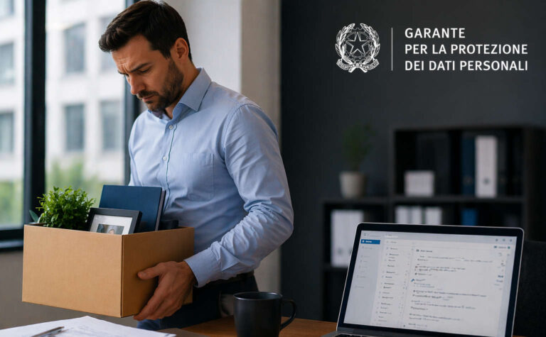 Ex dipendente in ufficio con scatola mentre lascia il lavoro, laptop con email aziendale aperta sullo sfondo