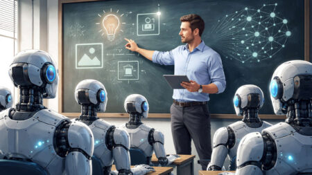 Un uomo insegna a una classe di robot davanti a una lavagna con icone digitali, rappresentando l'attività di addestramento dell'intelligenza artificiale per xAI e Grok.