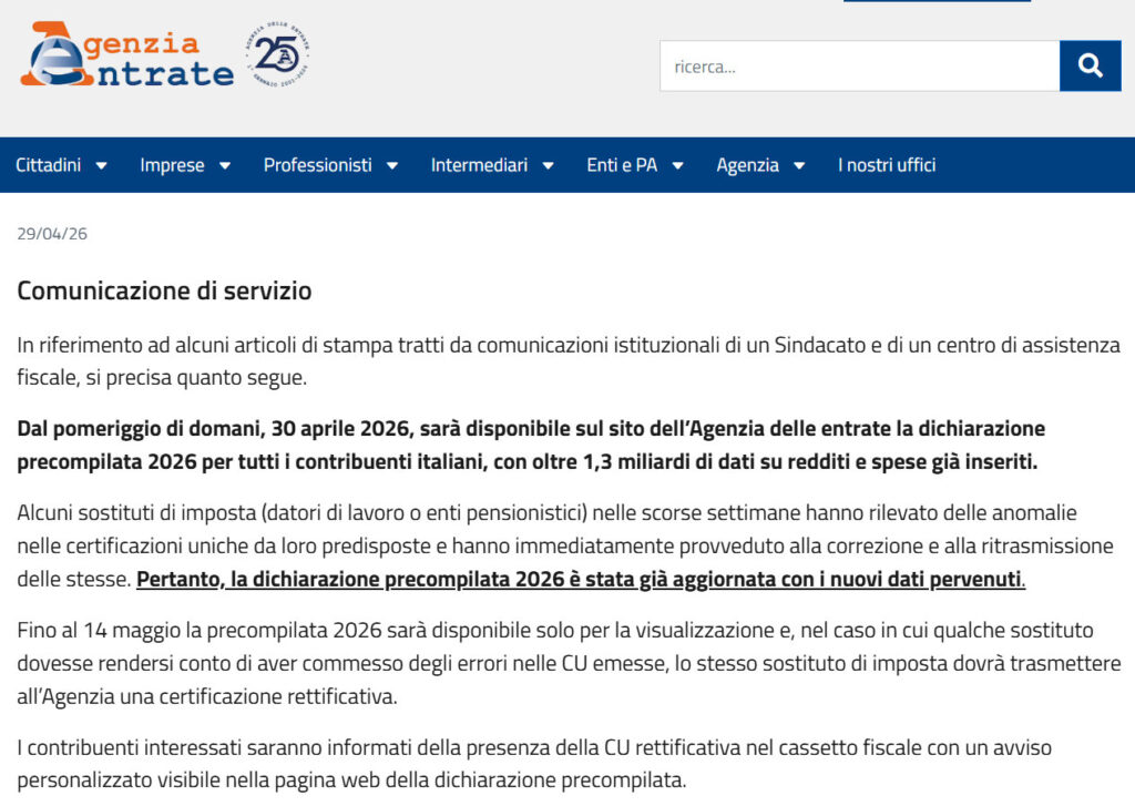 Comunicazione di servizio 730 precompilato benefici fiscali