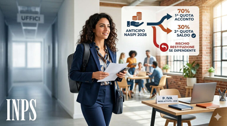 Anticipo NASpI 2026, si cambia: attenzione al rischio restituzione per chi si mette in proprio Infografica anticipo NASpI 2026: schema 70% acconto e 30% saldo con logo INPS e avviso rischio restituzione.
