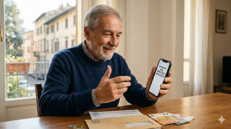 Anziano signore sorridente seduto a un tavolo guarda lo schermo del suo smartphone che mostra un messaggio di bonifico INPS per arretrati, con euro e documenti sul tavolo.