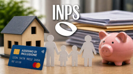Carta assegno di inclusione con logo INPS e famiglia stilizzata, pagamenti ADI aprile 2026